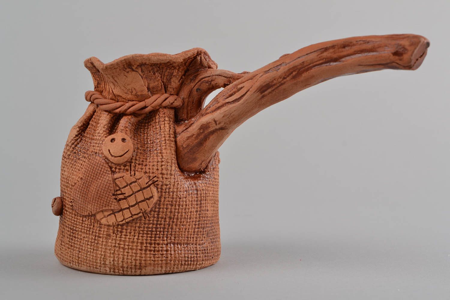 Handmade unusual beautiful ibrik for coffee made of clay with bulk of 150 ml  photo 4