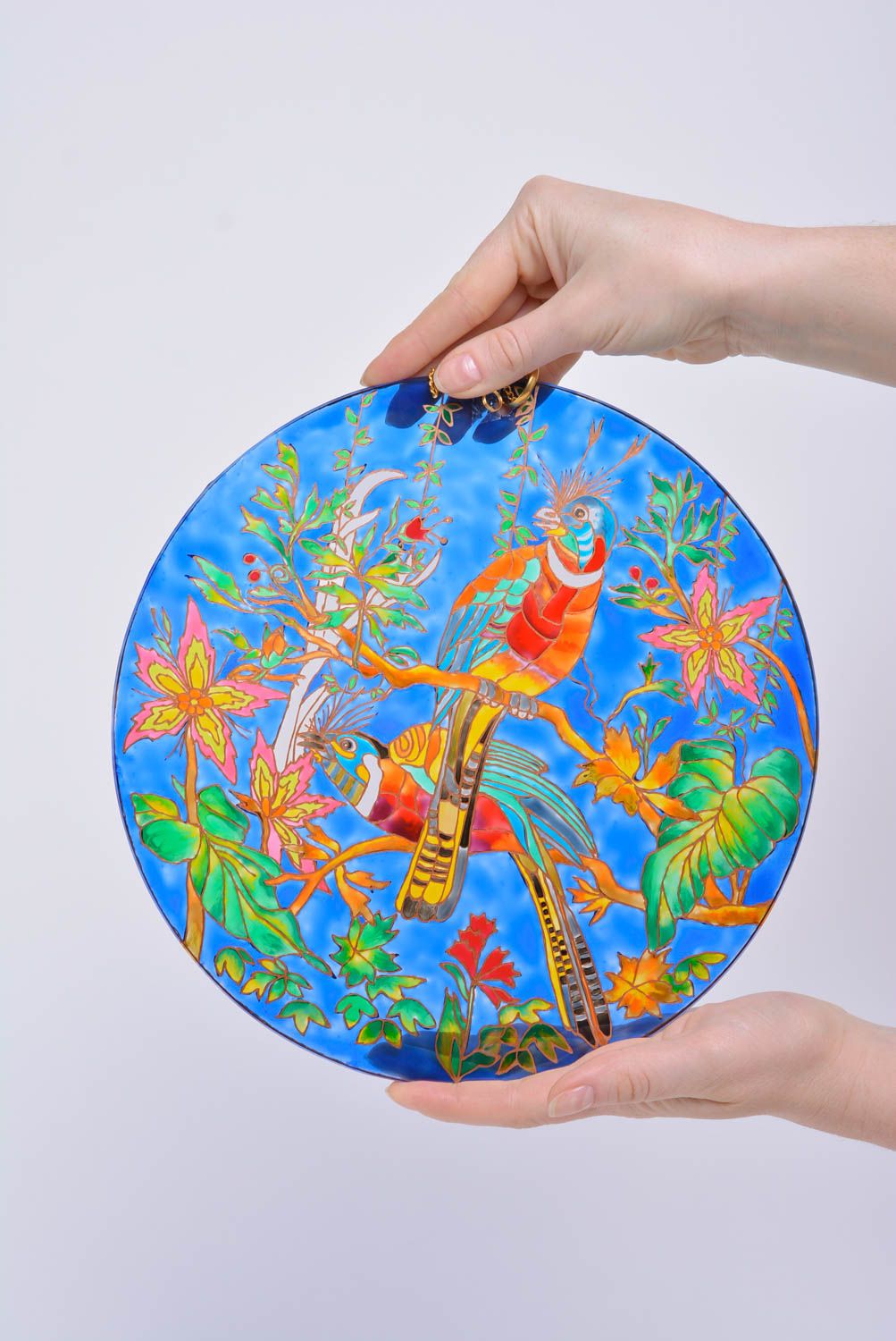Декоративная тарелка из стекла расписанная витражными красками хэндмэйд Экзотика фото 5
