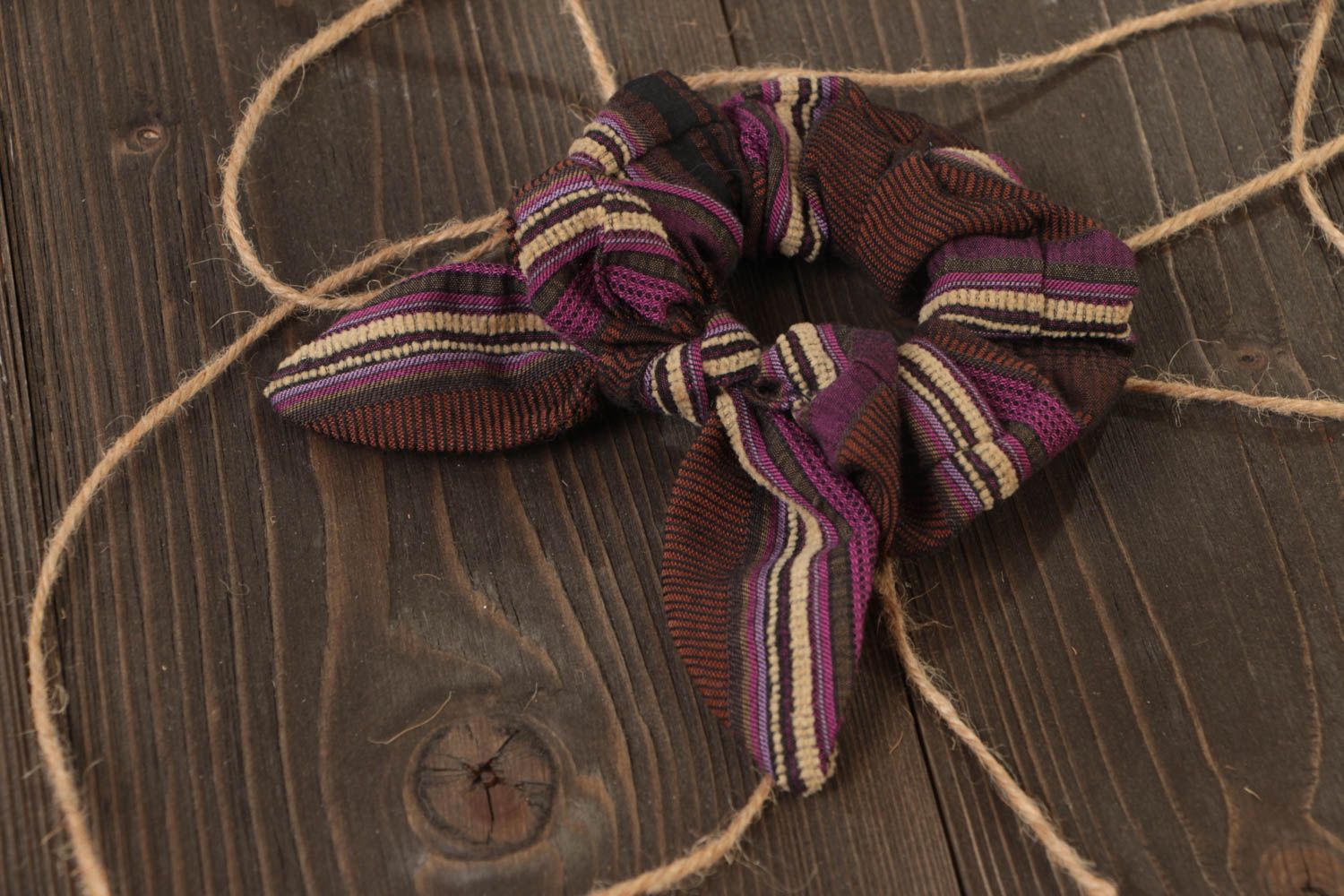 Handmade decorative striped fabric hair band in brown color palette with bow photo 1