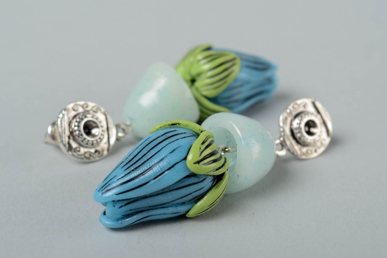 Handmade blaue Blumen Ohrringe Äpfel Polymer Schmuck Accessoire für Frauen  foto 3