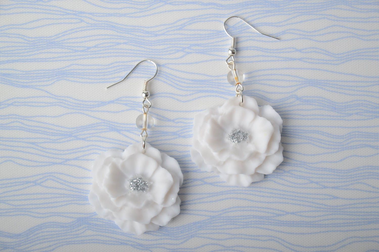 Handmade tender snow white polymer clay floral dangling earrings with rhinestones photo 1