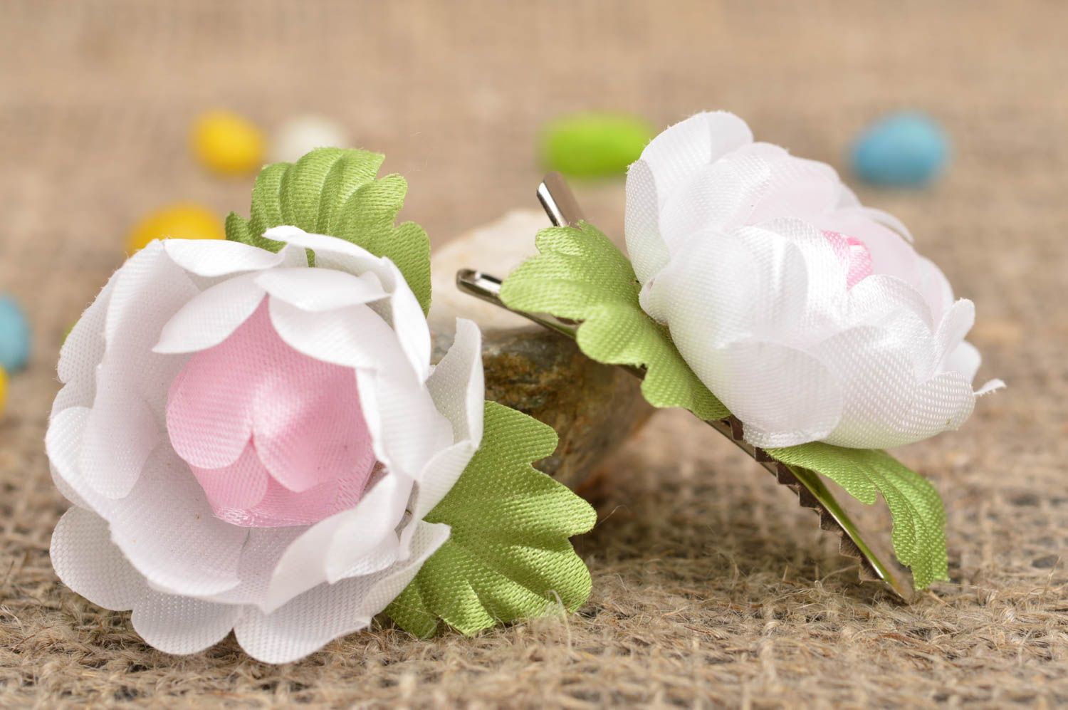 Handmade small tender pink flower hair clips made of fabric set of 2 pieces photo 1