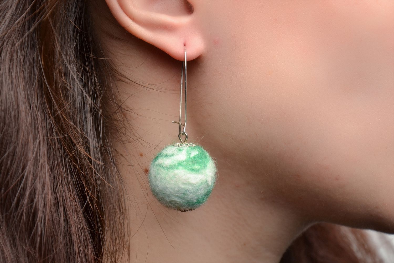Green felted wool earrings with English fasteners photo 2