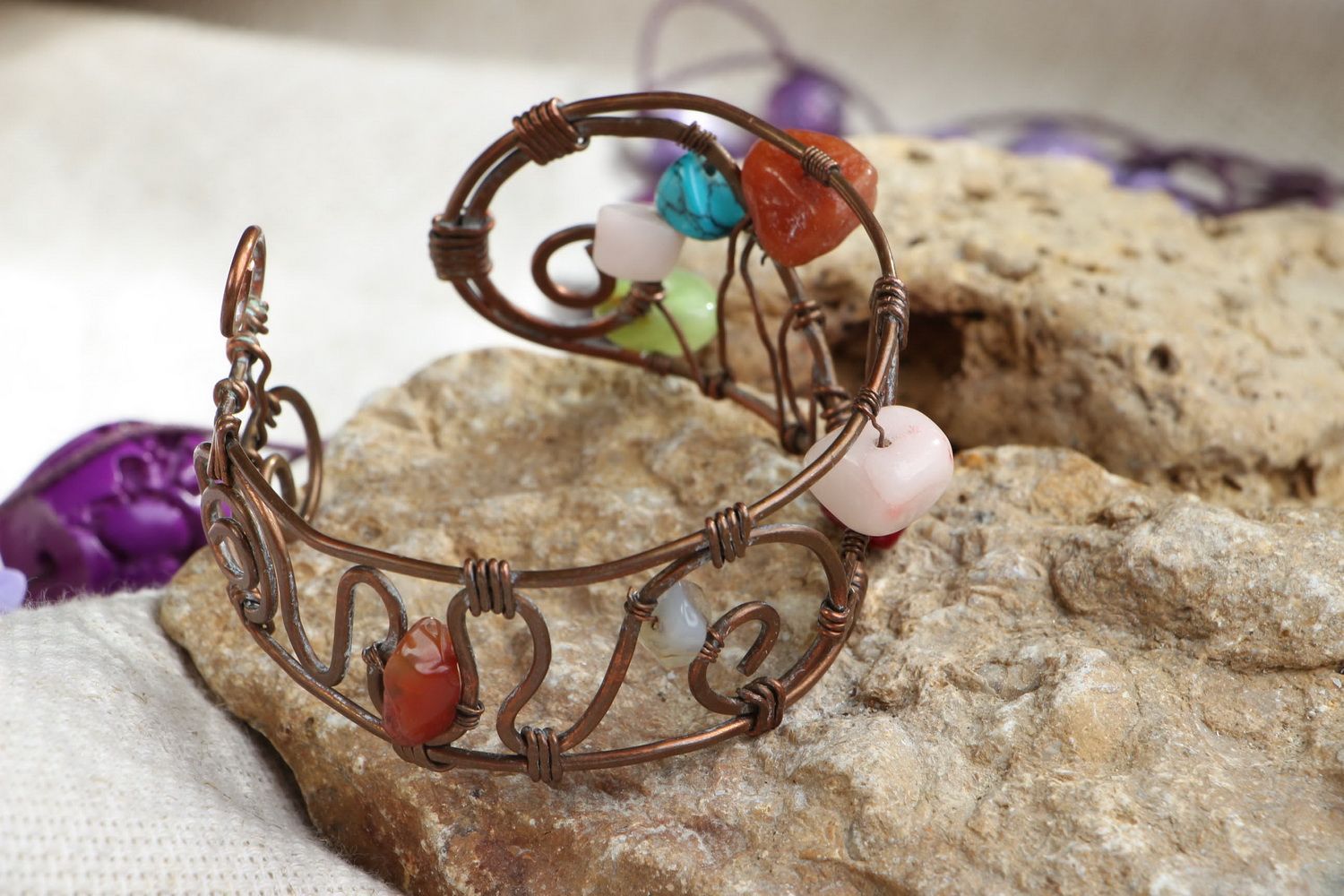 Wide Bracelet Made of Copper with Natural Stones photo 1