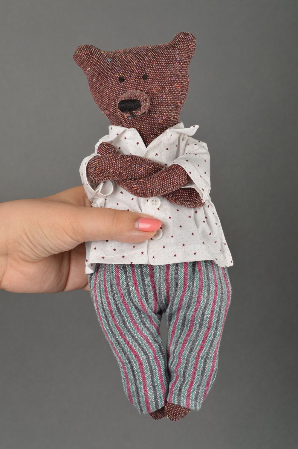 Doudou ours brun Jouet fait main en tissu orginal amusant Cadeau pour enfant photo 3