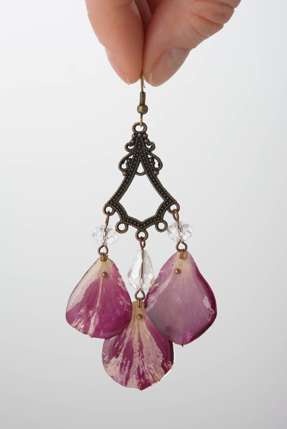 Handmade massive long earrings with rose petals in epoxy resin stylish jewelry photo 5