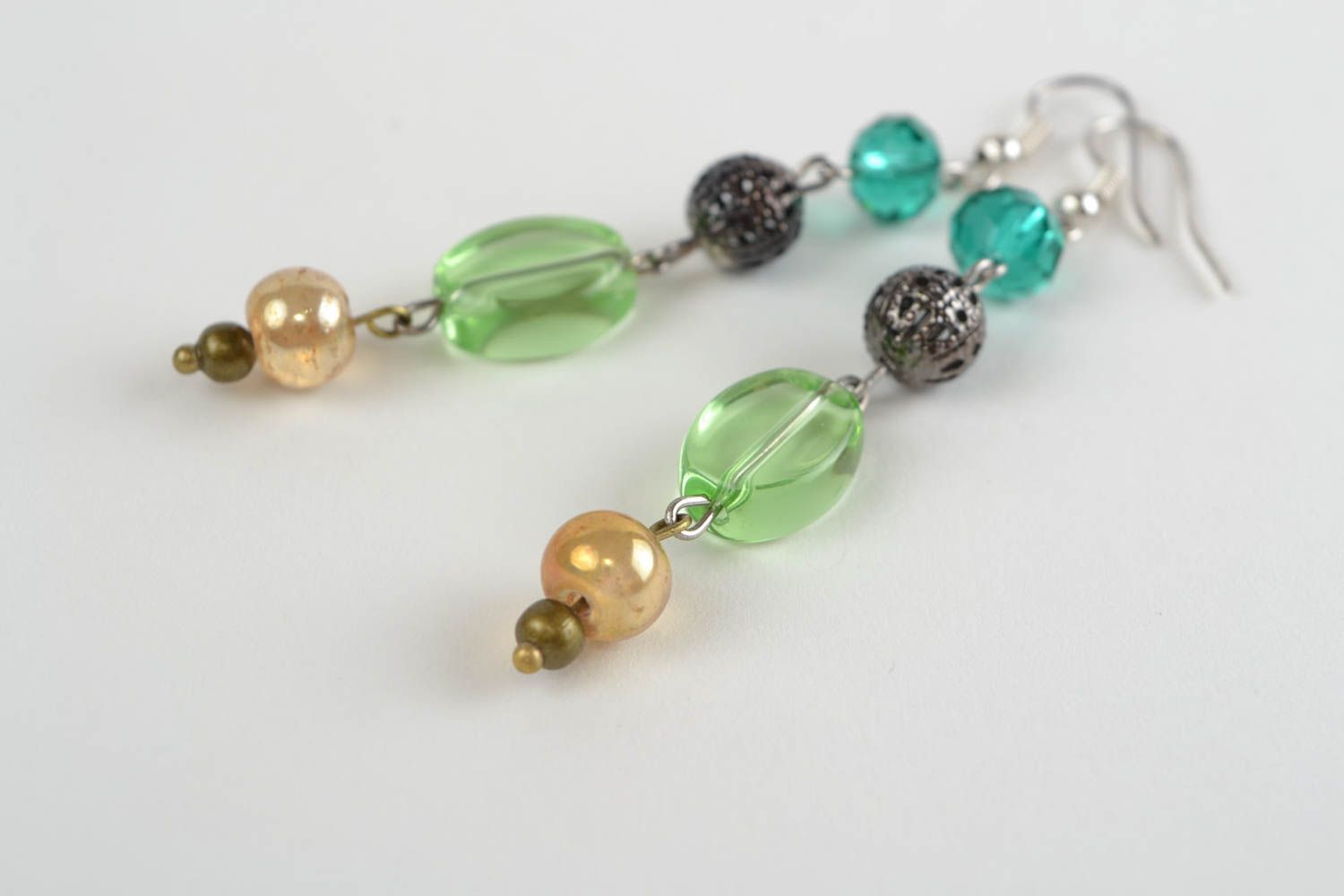 Unusual beautiful handmade designer long glass bead earrings photo 5