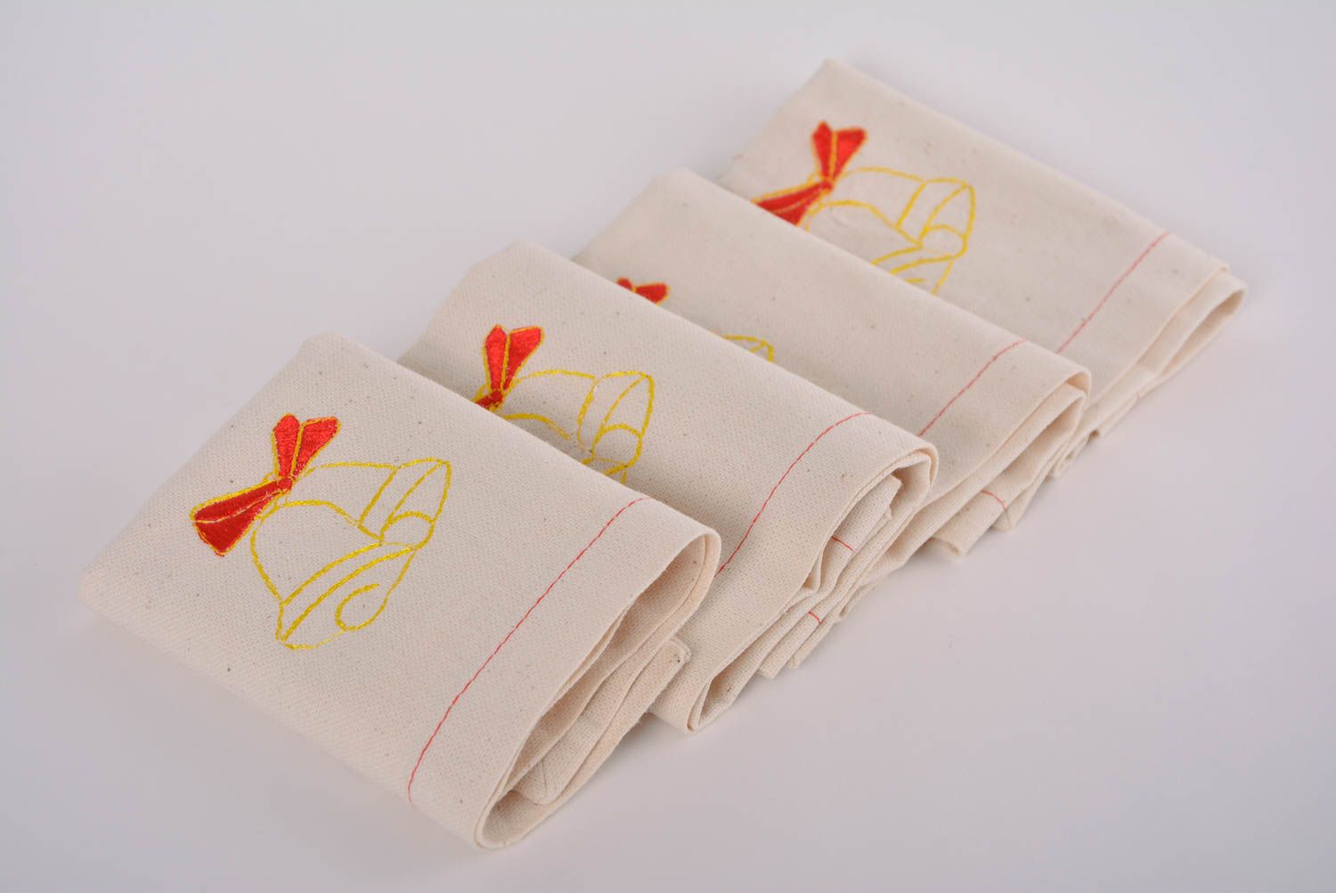 Handmade napkins with embroidery made of semi linen set of 4 pieces with bells photo 1
