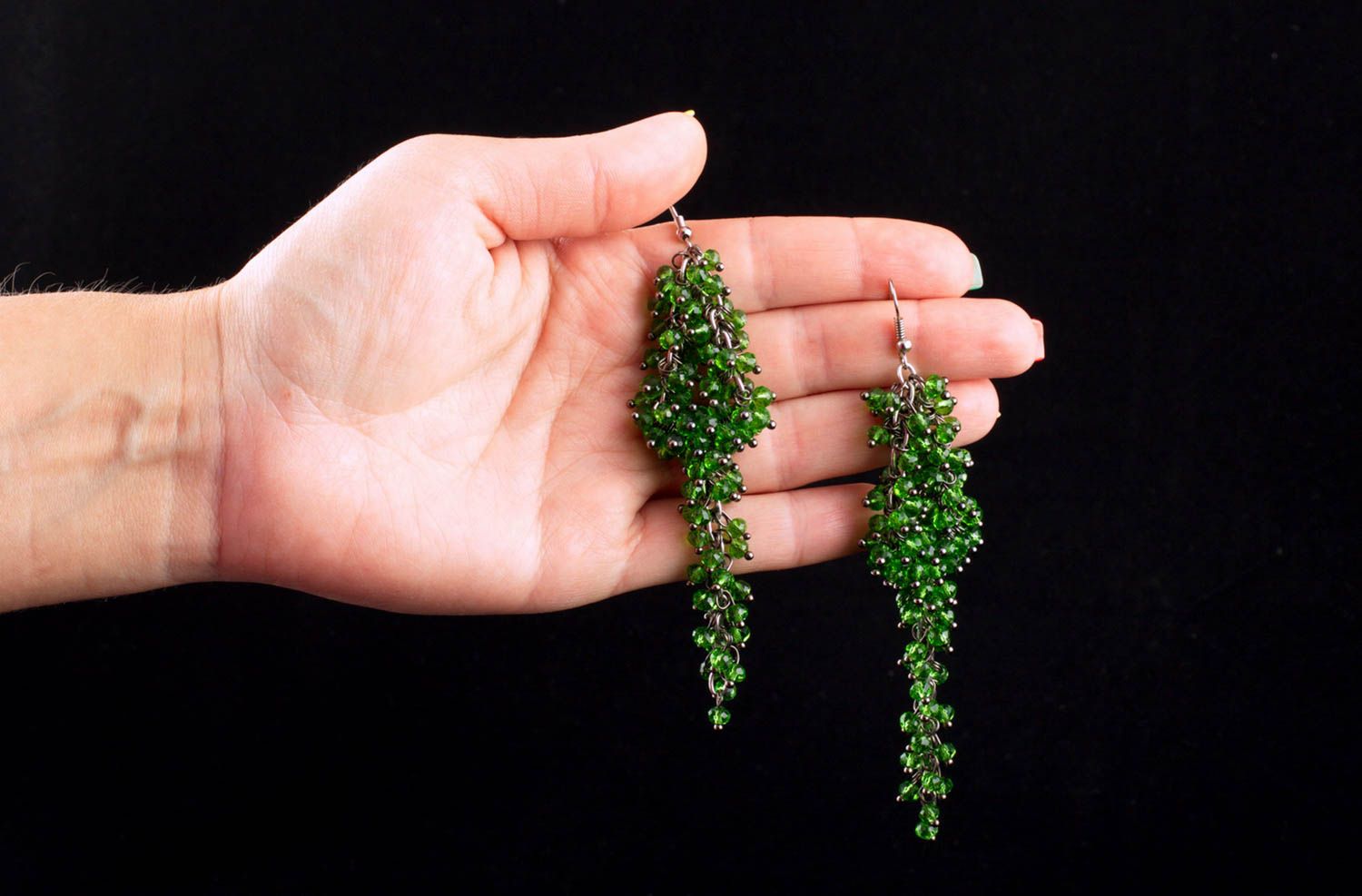 Зеленые серьги ручной работы модные серьги из хрусталя длинные сережки фото 1