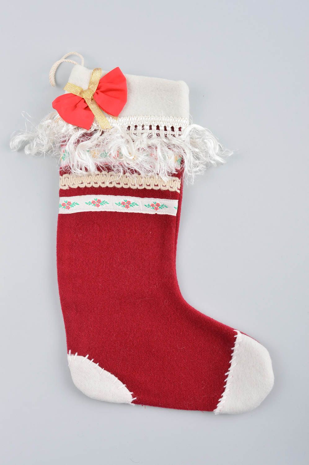 Chaussette Noël faite main Déco Noël rubans rouge tissu Décoration à suspendre photo 3