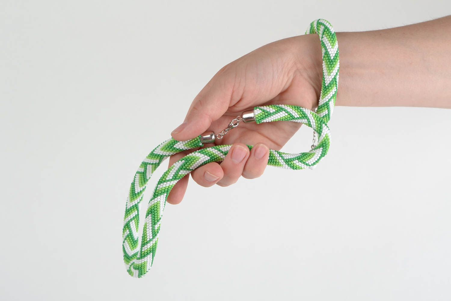 Parure collier bracelet perles de rocaille vert blanc bijoux faits main photo 4