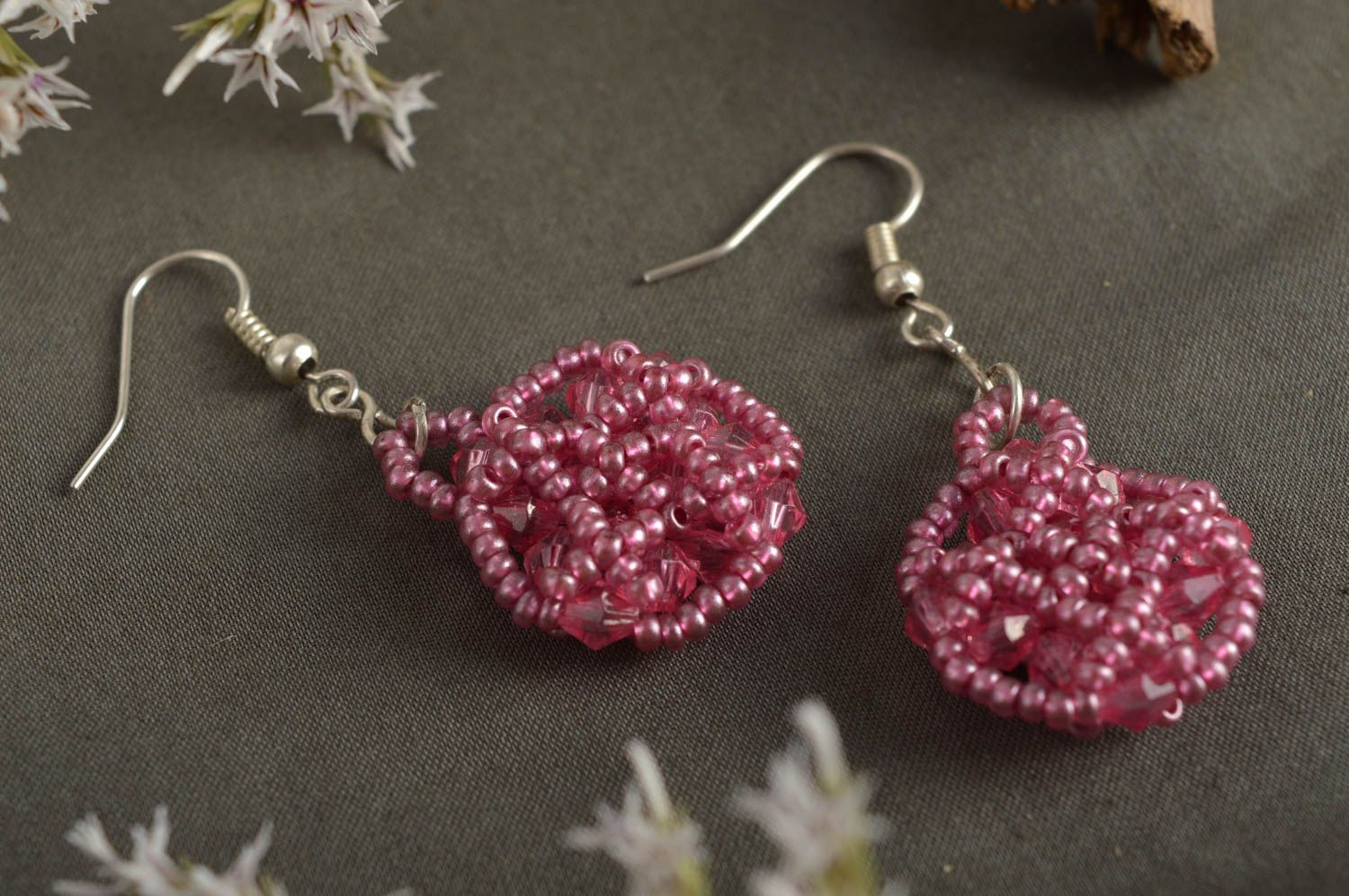 Handmade designer beaded earrings unusual pink earrings elegant jewelry photo 1