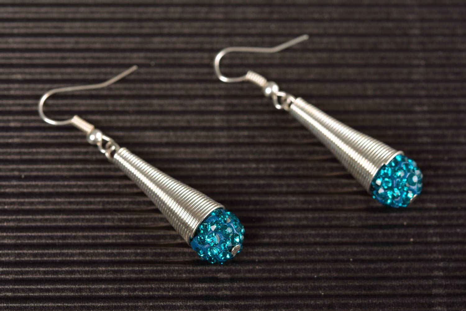 Handmade metal earrings with blue beads beautiful stylish handmade accessory photo 1