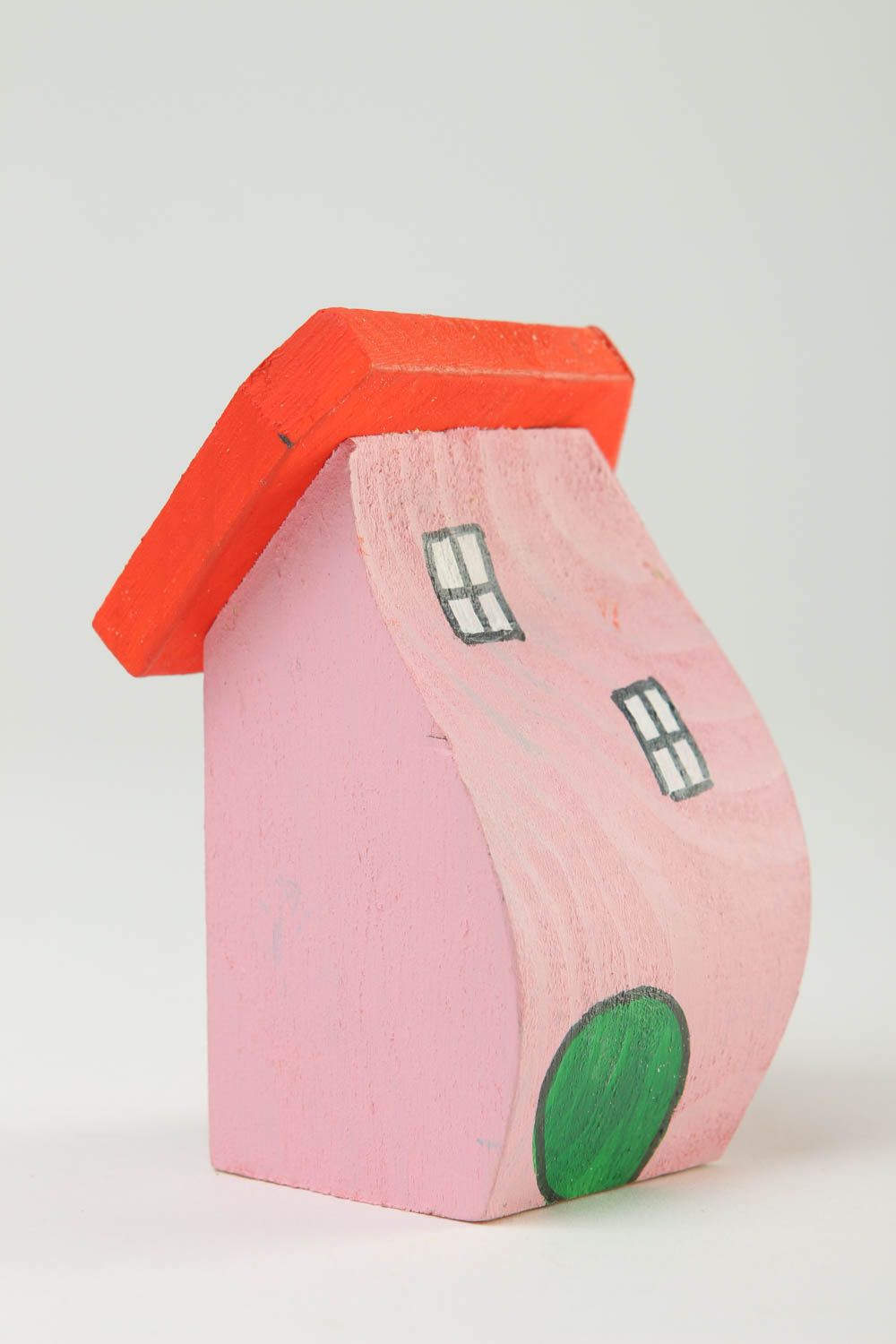 Estatuilla de madera artesanal decoración de escritorio figura de casa rosada  foto 3