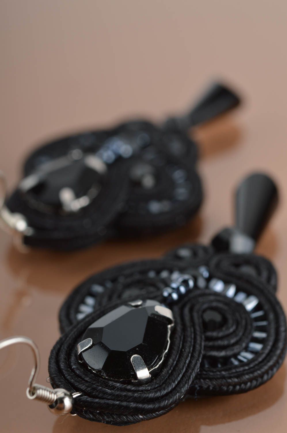 Beautiful homemade designer black soutache earrings with beads photo 4
