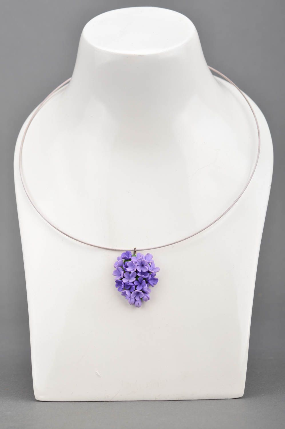 Handmade designer necklace with polymer clay tender lilac flowers pendant photo 1
