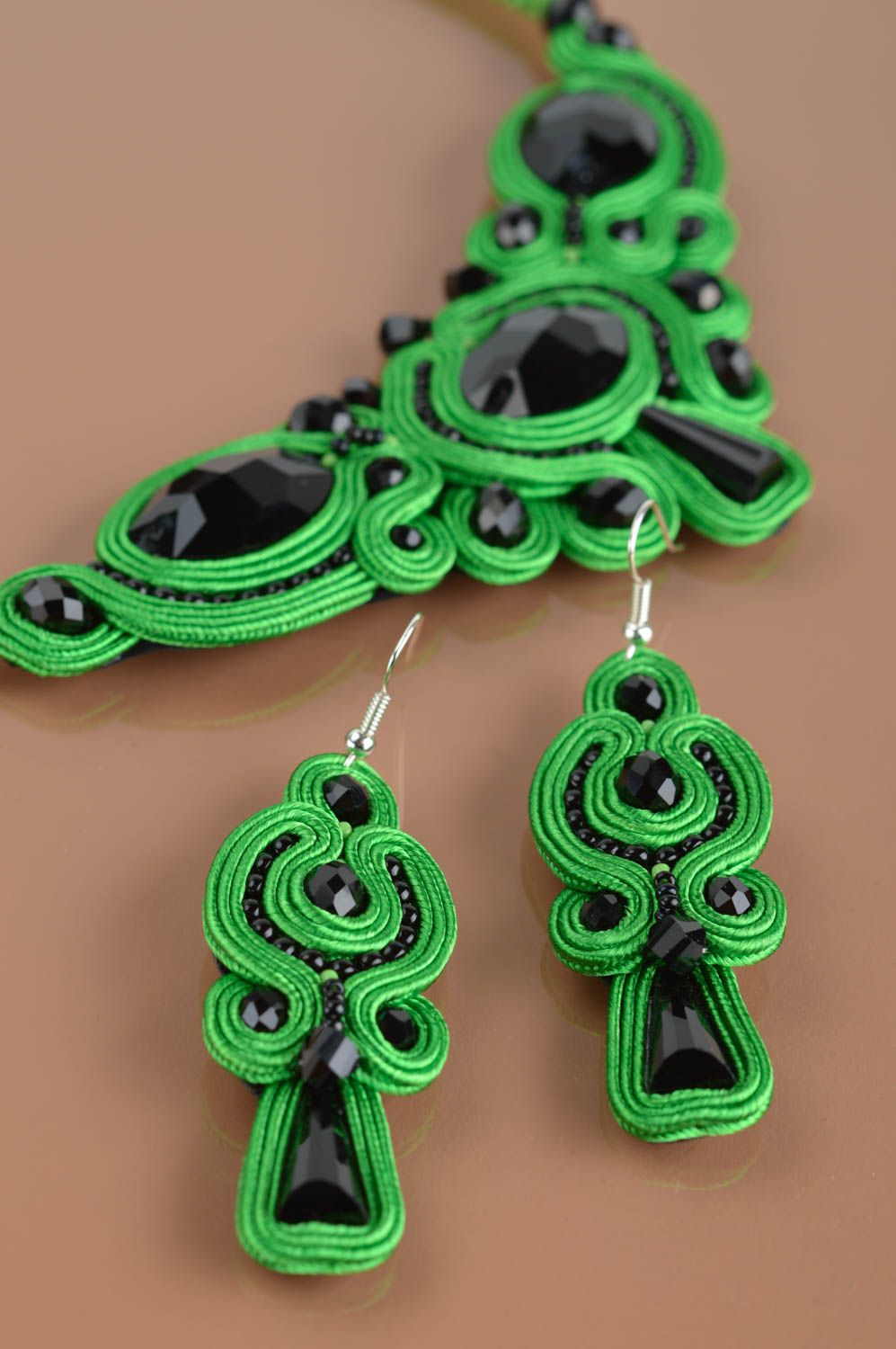 Black and green handmade designer soutache earrings and necklace jewelry set photo 5
