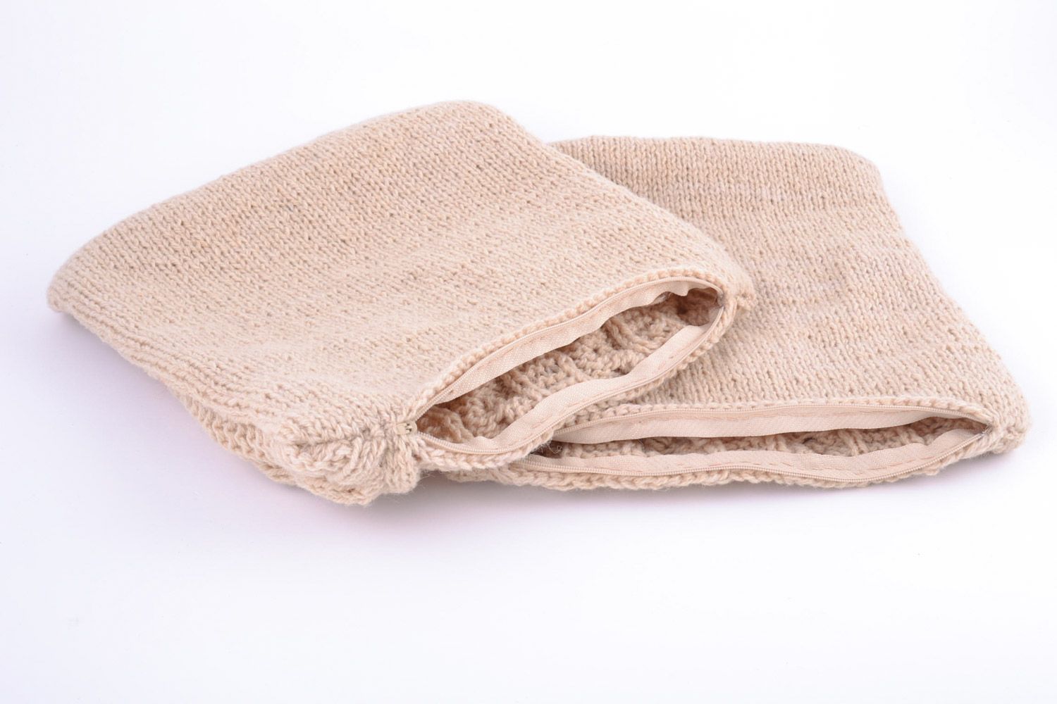 Set of small beige handmade semi woolen knitted pillow cases with zipper 2 items photo 3