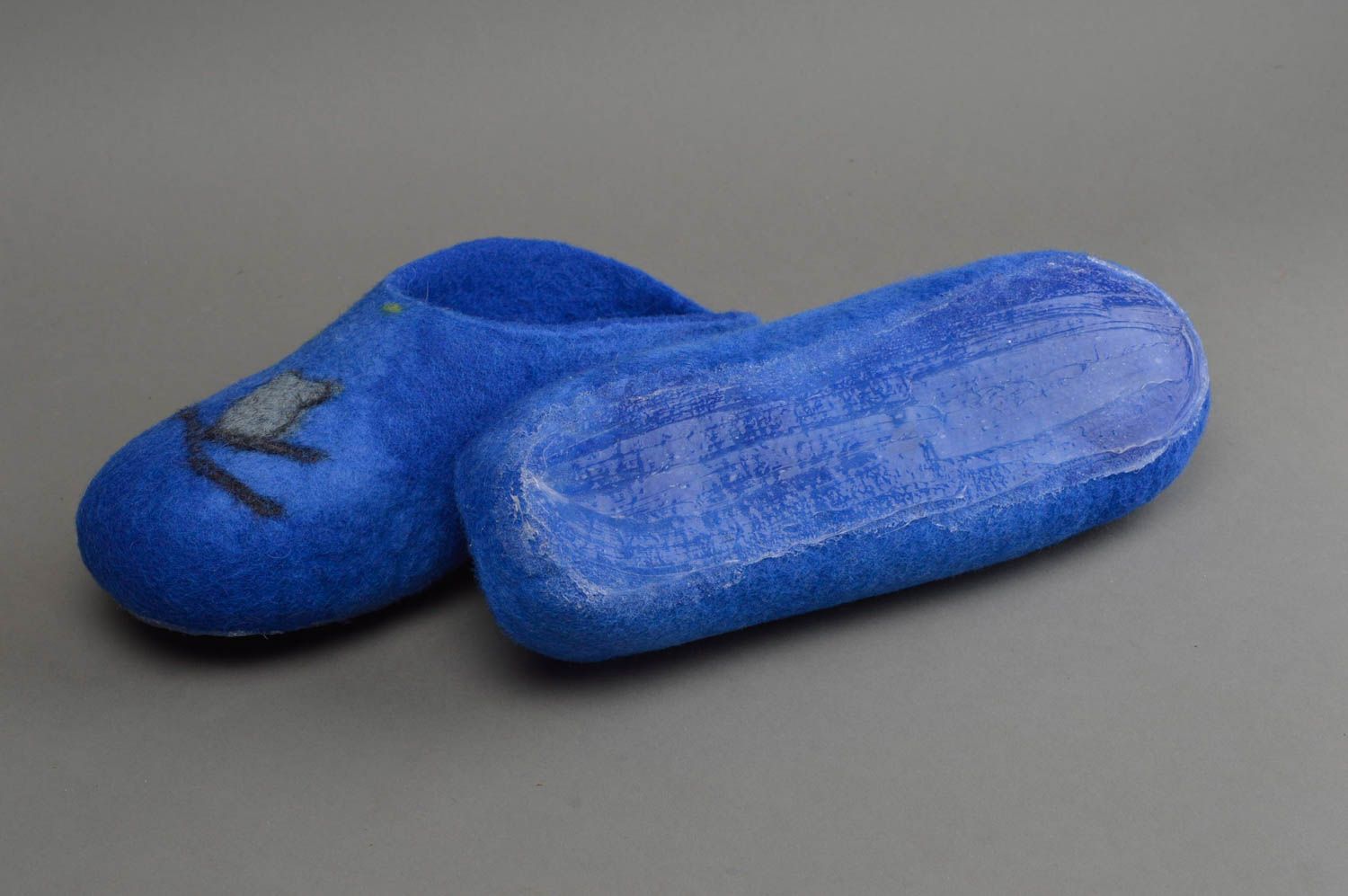 Pantoufles faites main bleues en laine feutrée pour femme chaudes Nuit photo 4