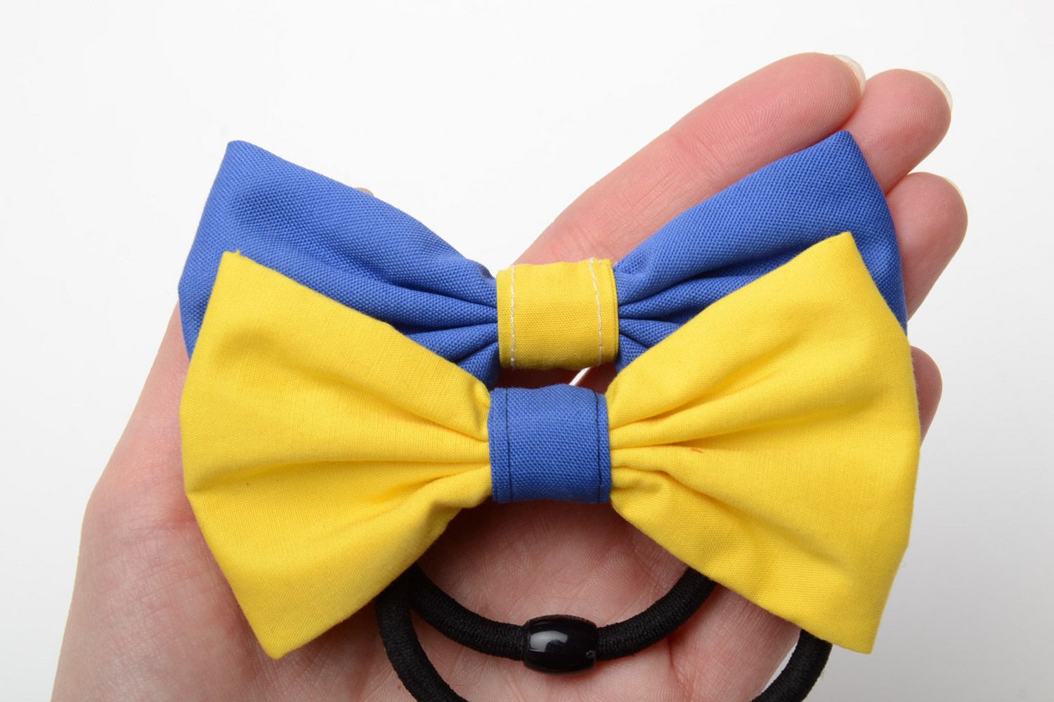 Set of handmade fabric bow hair ties 2 items yellow and blue hair accessories photo 5