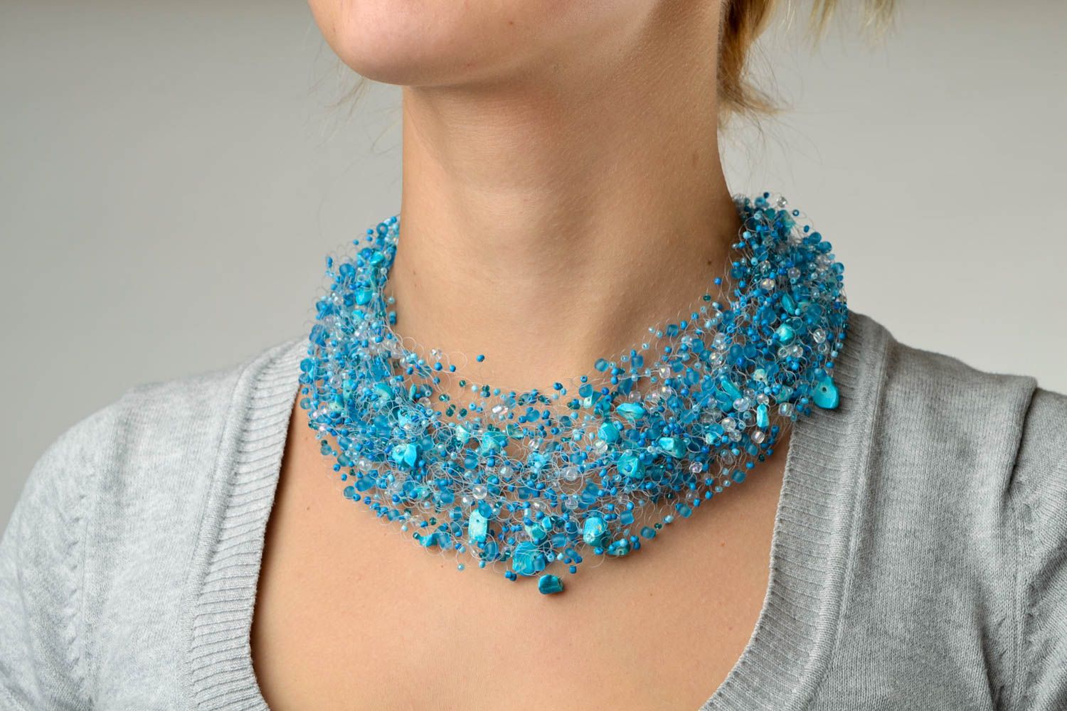 Handmade beaded necklace designer elegant necklace blue evening accessory photo 1