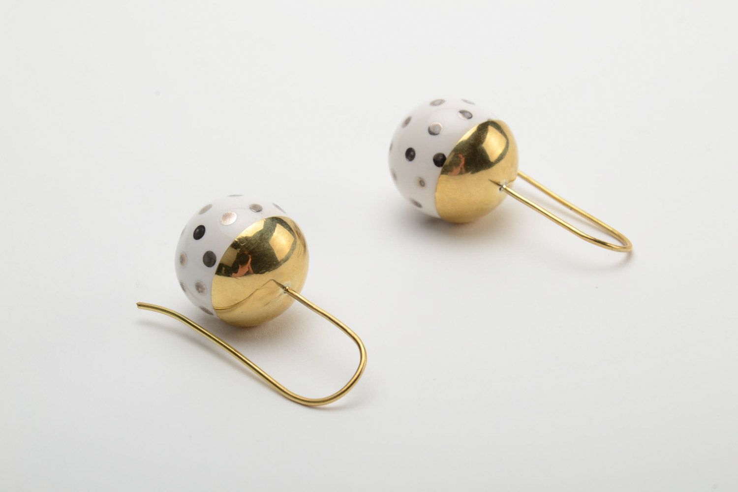 Handmade polka dot ceramic ball earrings in brass frame with long ear wires photo 3