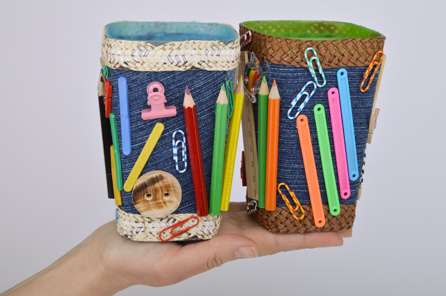Handmade set of pencil stands made of denim in colorful tones for children photo 3