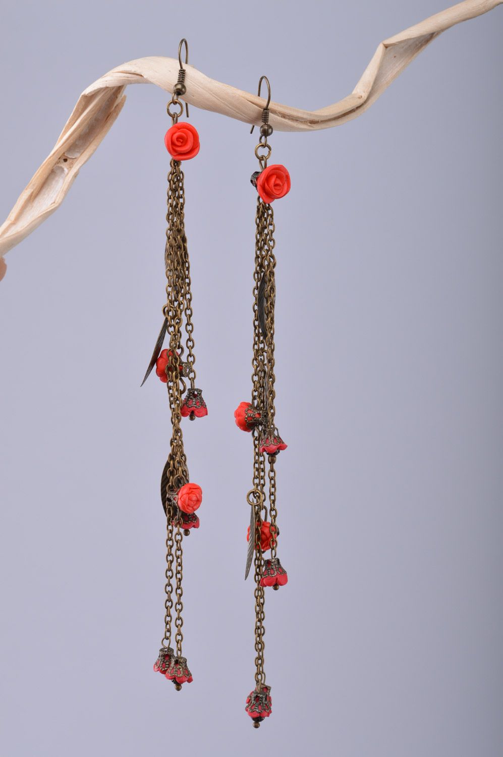 Handmade long earrings with metal chains and leaves and small polymer clay roses photo 1