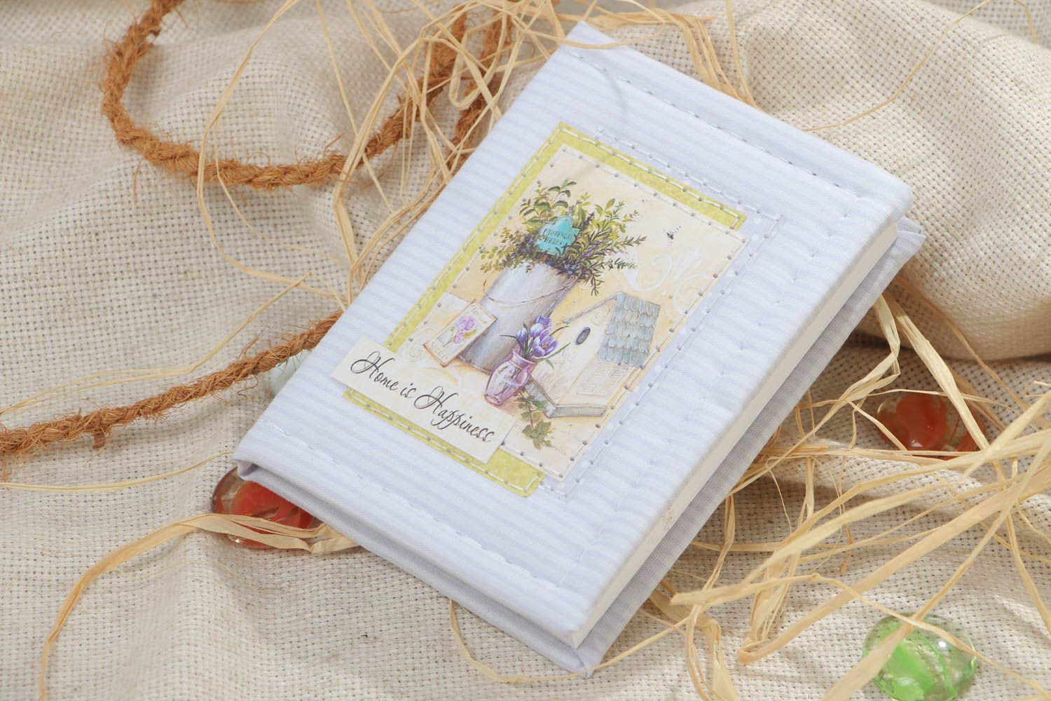 Unusual beautiful handmade notebook with fabric cover of lavender color photo 1