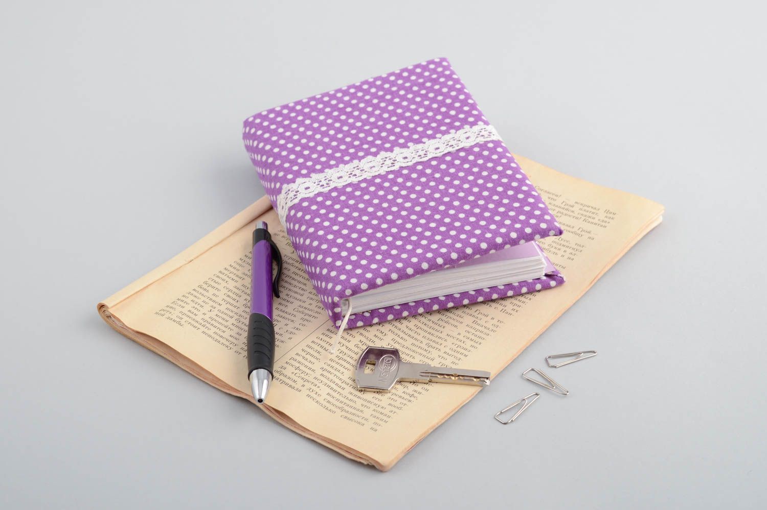 Handmade designer notebook with bright violet polka dot fabric cover with lace photo 1