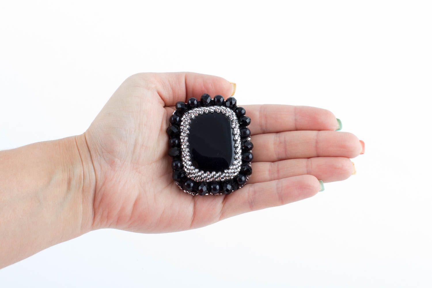 Handmade elegant festive black agate brooch with seed beads on leather basis photo 5