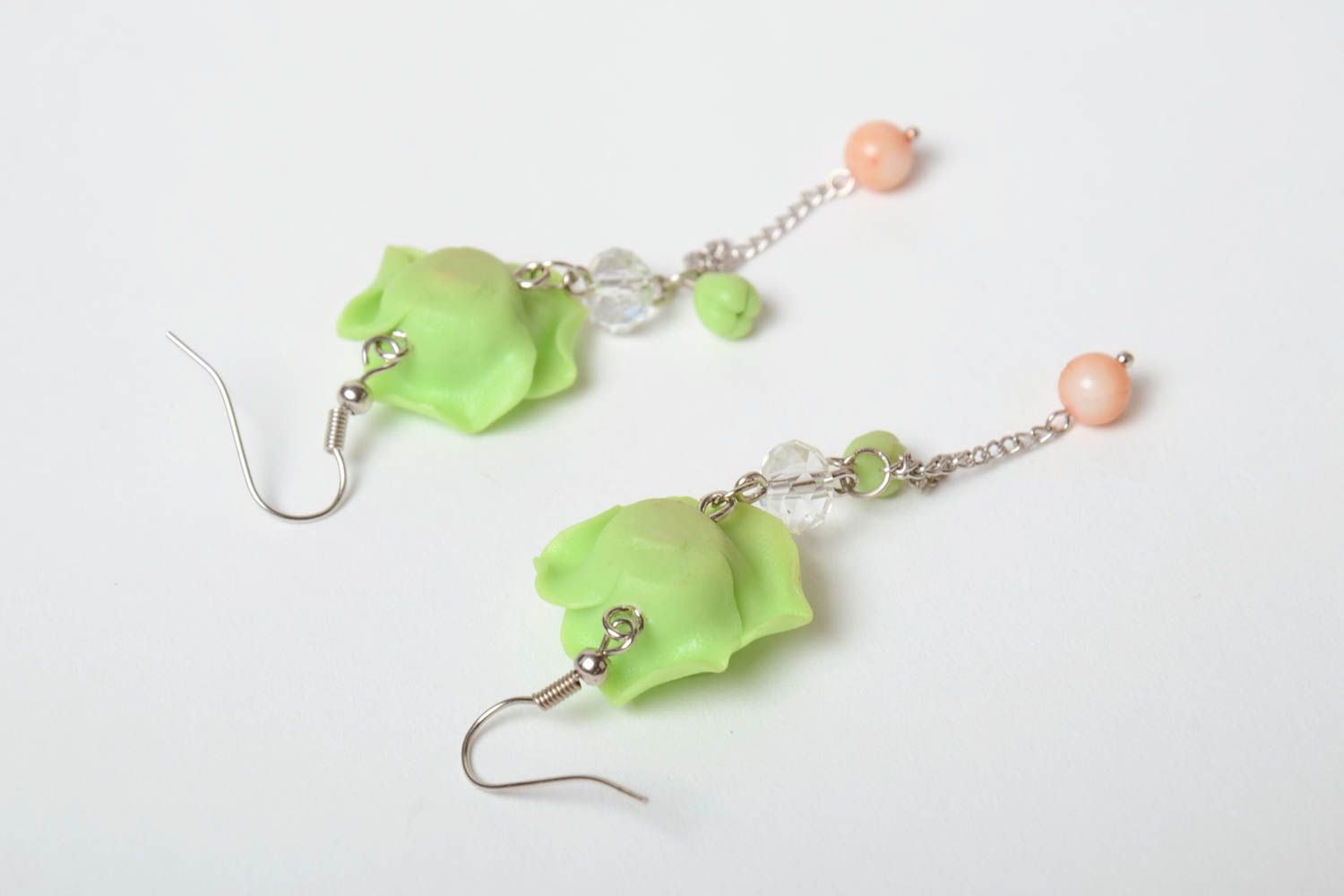 Beautiful handmade polymer clay flower earrings of lime color elegant jewelry photo 4