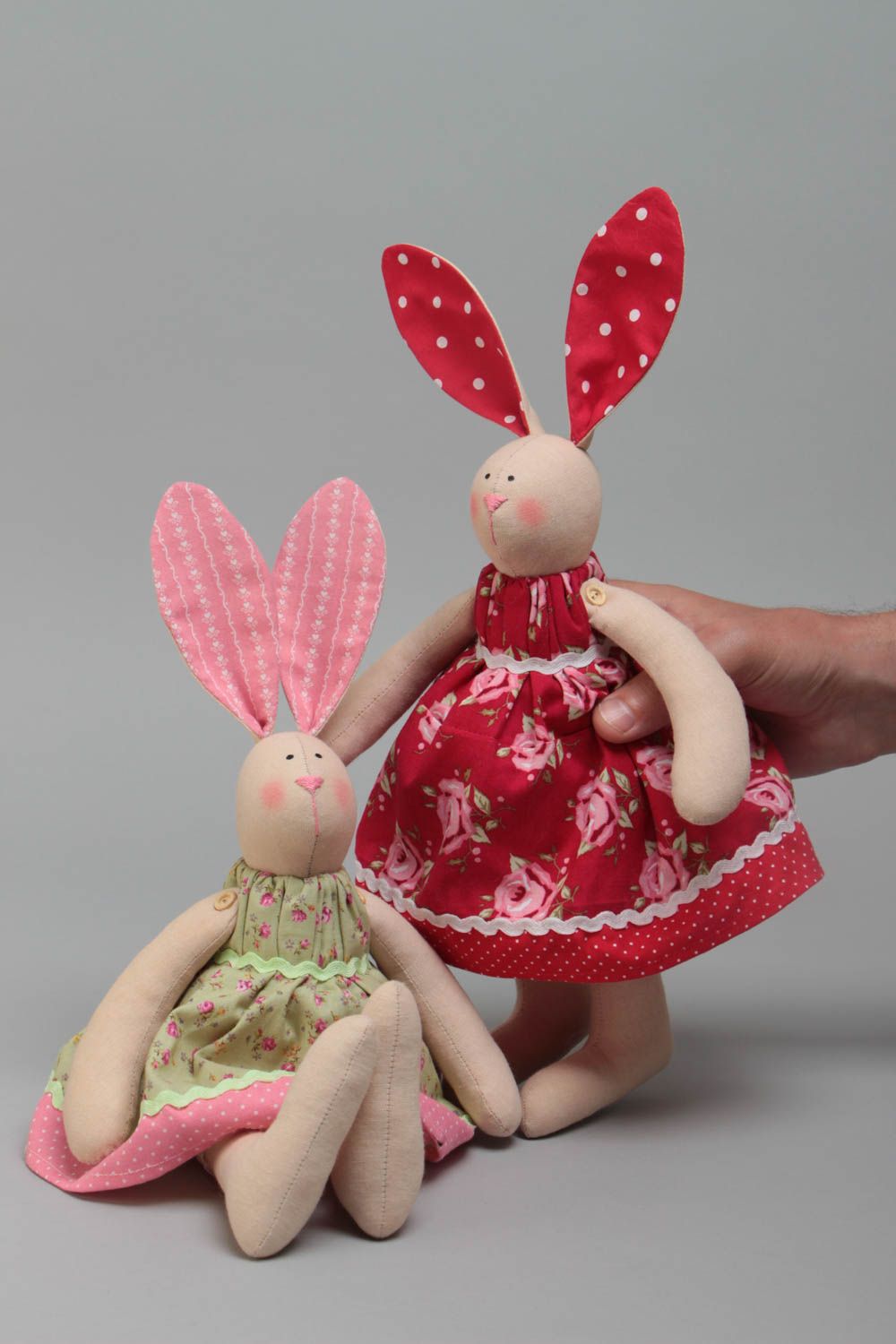 Set of 2 handmade cotton fabric soft toys rabbits in pink and red dresses photo 5