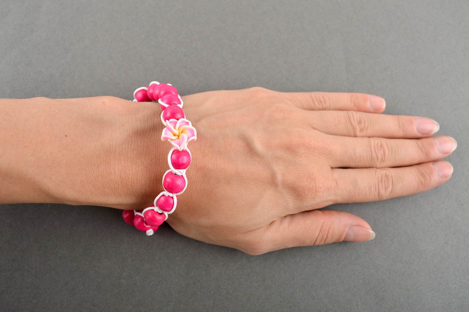 Handmade wooden wrist bracelet unusual pink bracelet stylish accessory photo 5