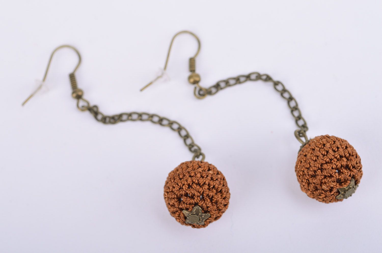 Unusual women's handmade brown earrings with crochet over beads photo 1