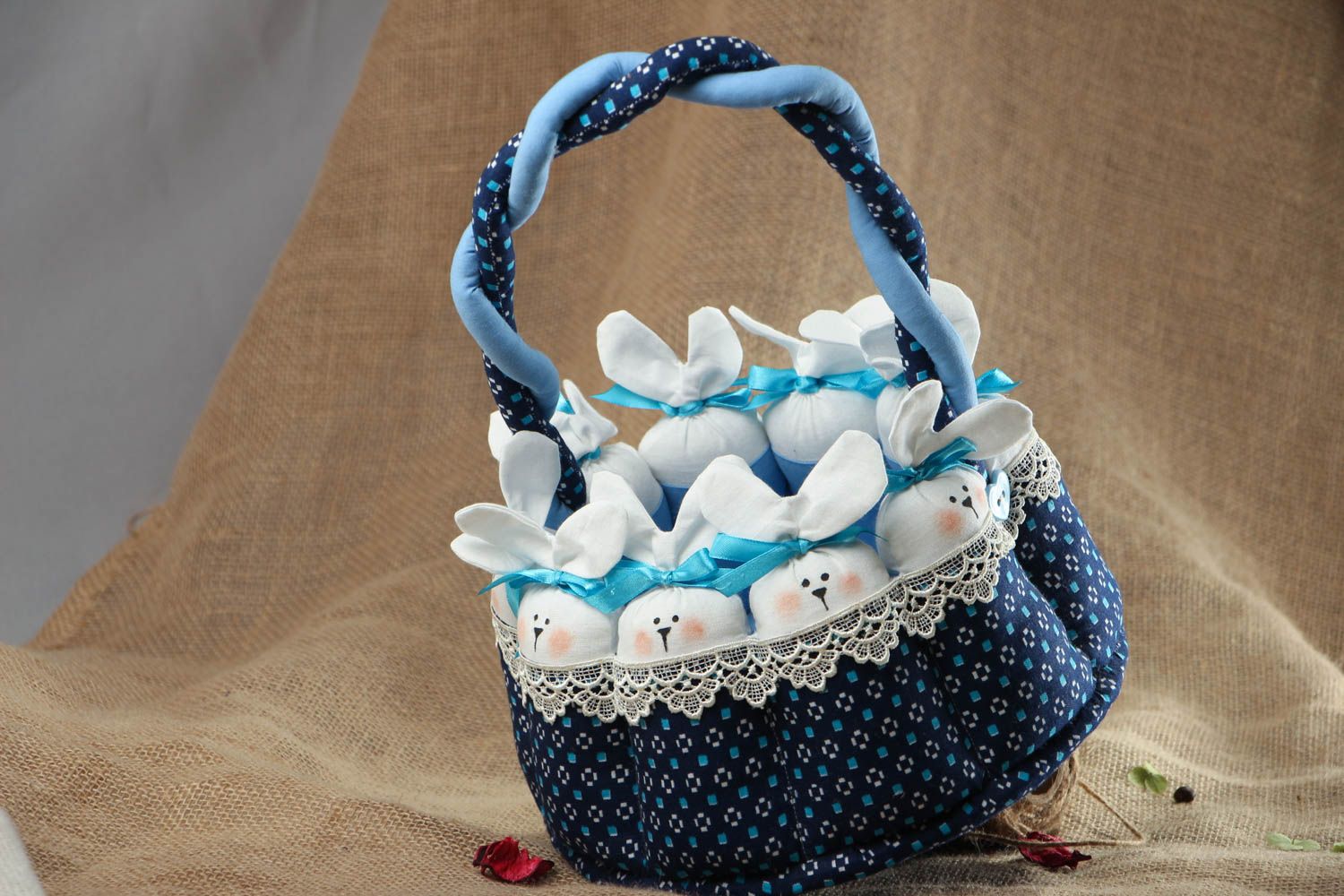 Fabric basket with rabbits photo 5