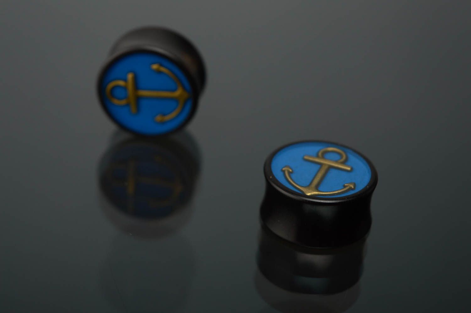 Piercings plugs faits main originaux noir bleu avec ancres Marin accessoire photo 5