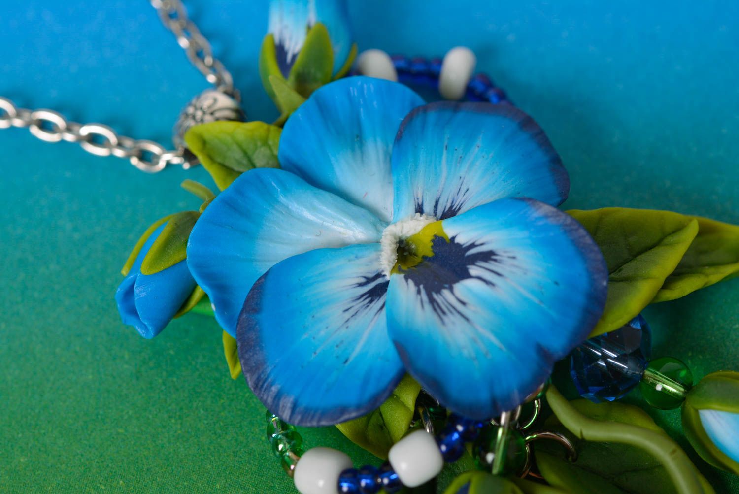 Handmade designer blue floral polymer clay pendant on metal chain photo 4