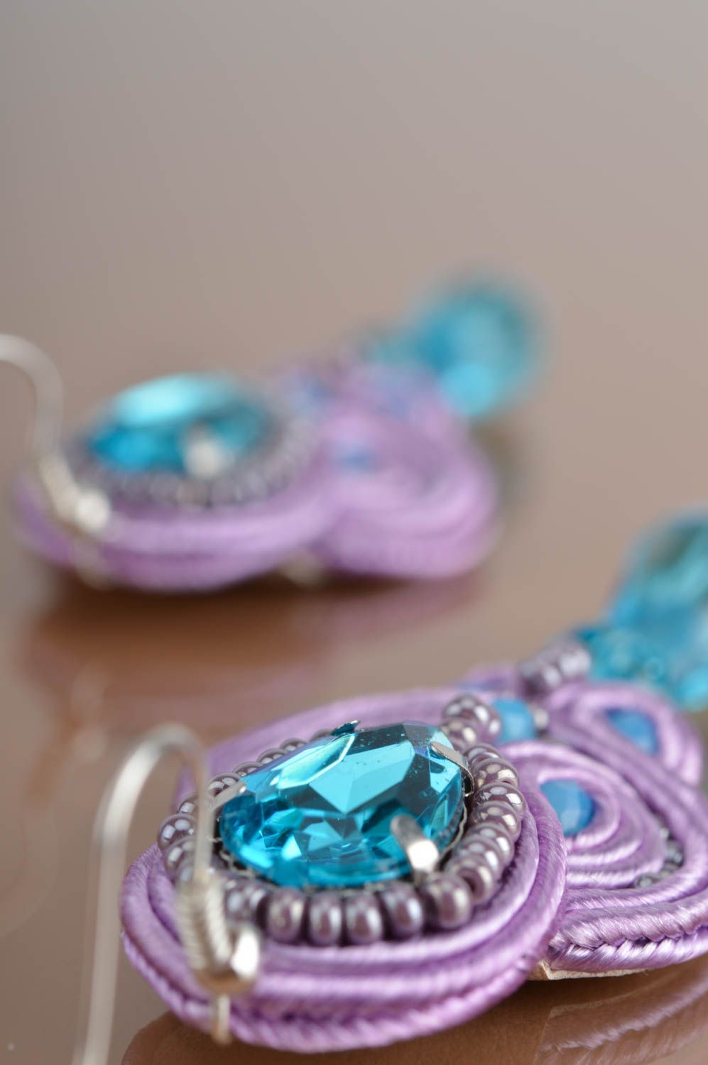 Beautiful homemade lilac and blue dangle earrings with Czech beads soutache  photo 4