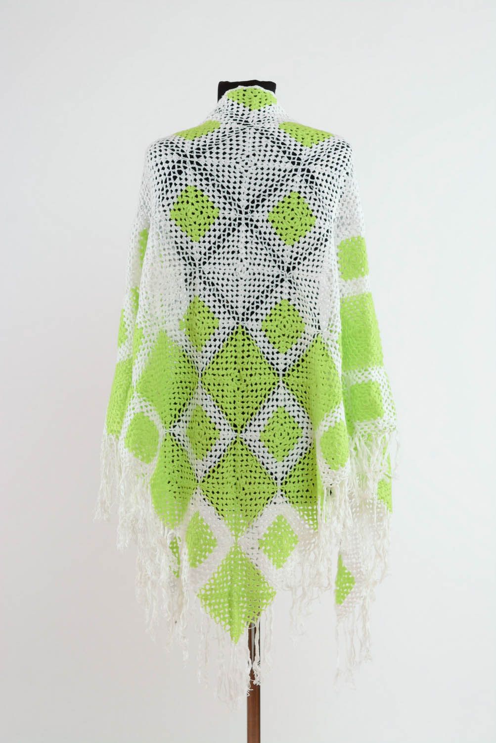 Châle tricoté main en coton Carrés vert pastel photo 4