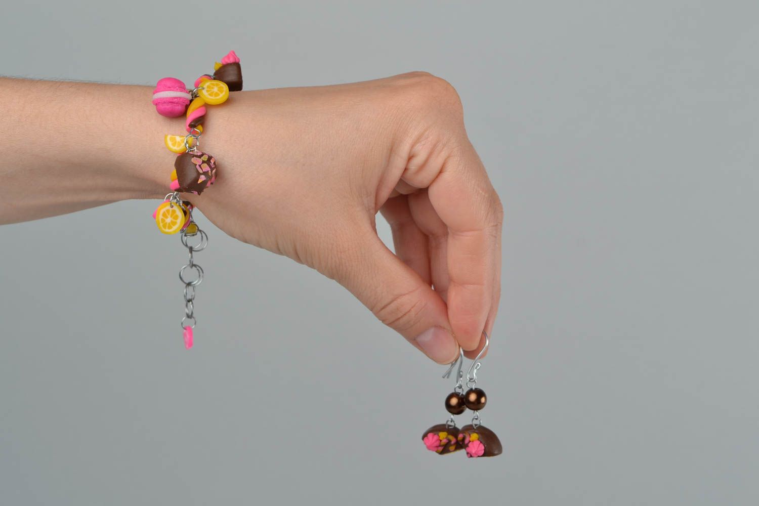Designer jewelry set of handmade polymer clay earrings and bracelet Sweets photo 2