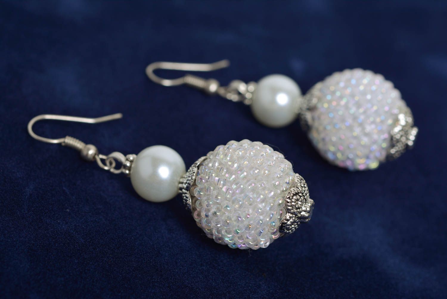 Handmade long dangling earrings with bead woven balls of snow white color photo 3