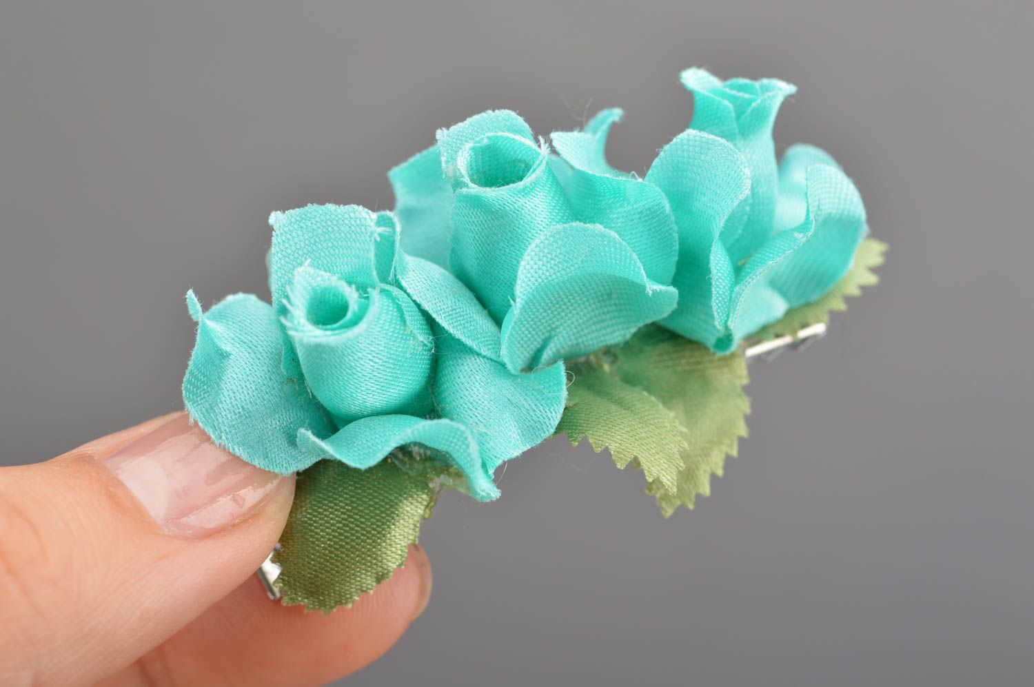 Handmade cute hair clip made of artificial flowers on metal basis for kids photo 3