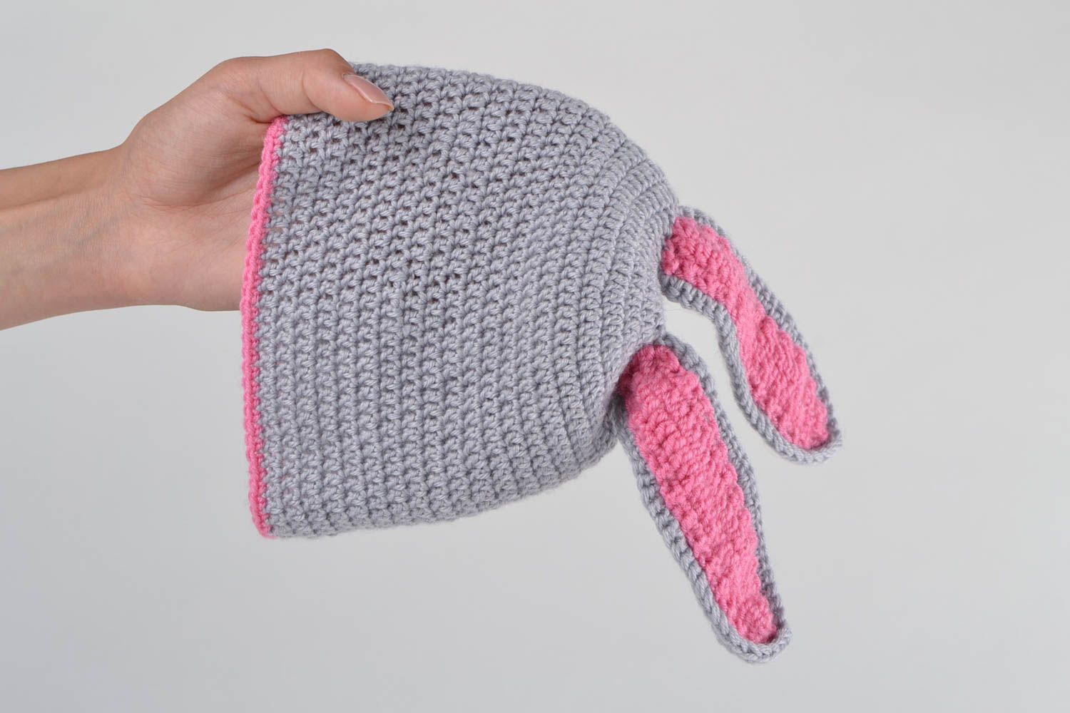 Bonnet lapin gris fait main Chapeau enfant tricoté au crochet Vêtement enfant photo 2