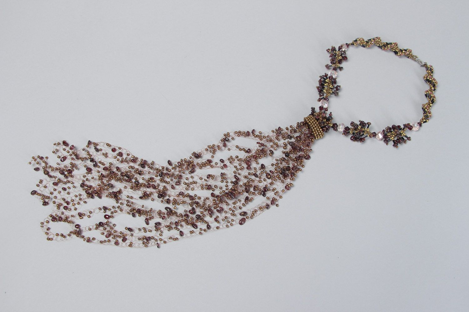 Handmade volume necklace woven of beads natural garnet stone and glass photo 2