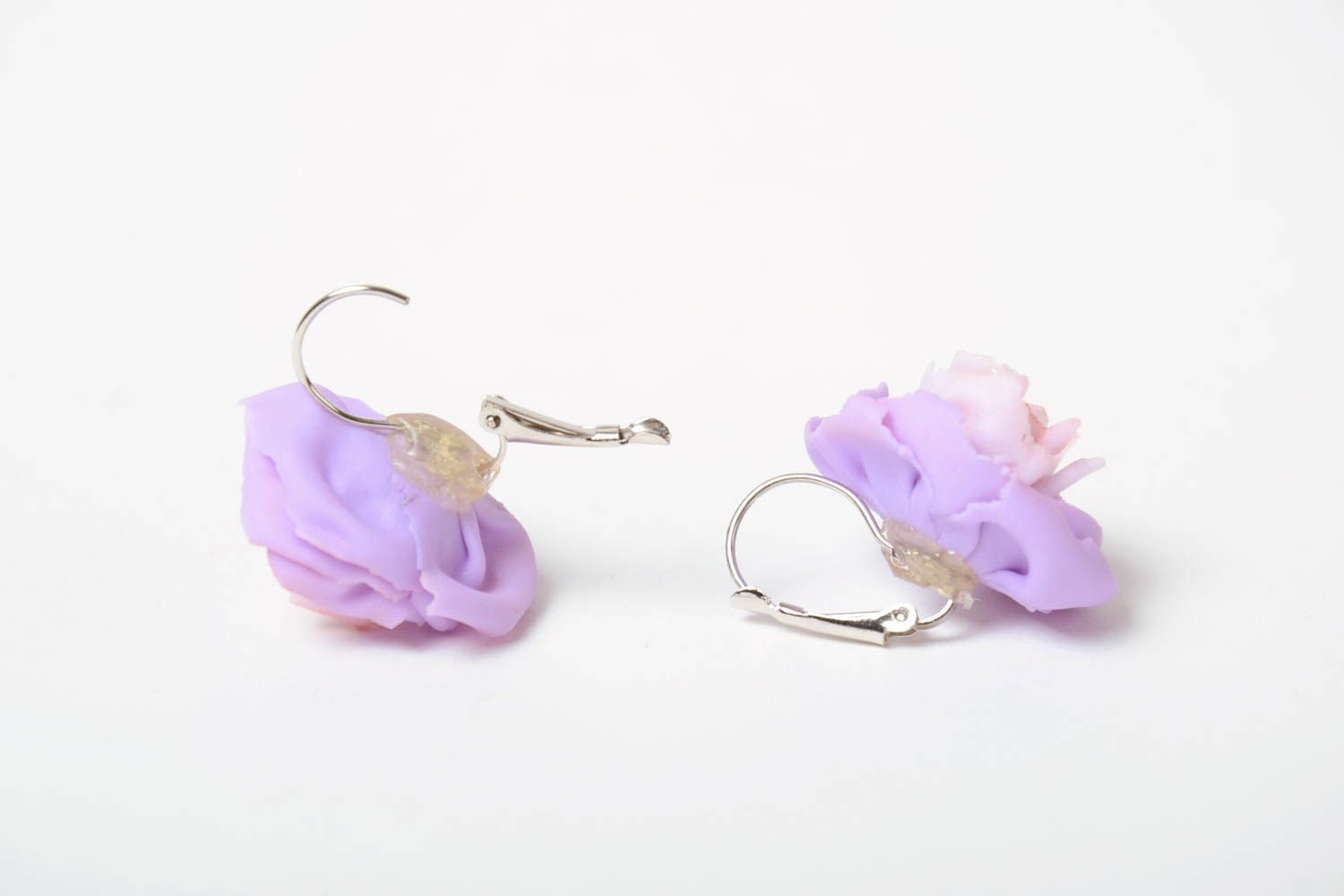 Handmade designer polymer clay small stud earrings with flowers of lilac color photo 4