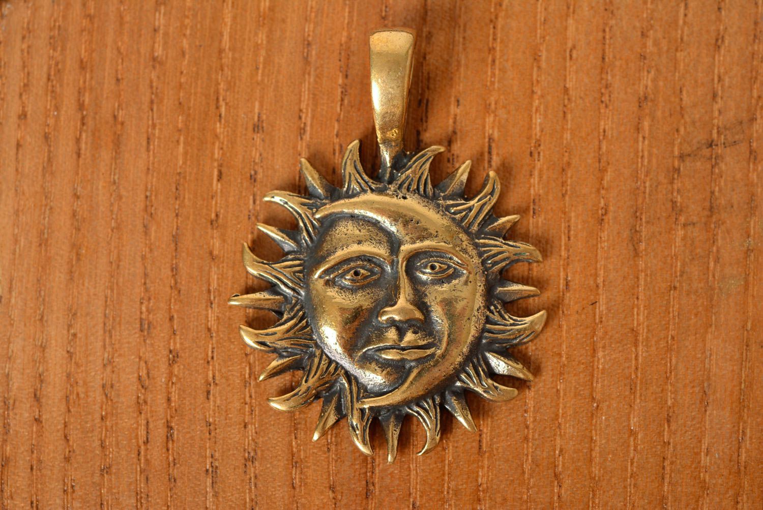 Unisex handmade designer neck pendant cast of bronze Moon and Sun photo 1