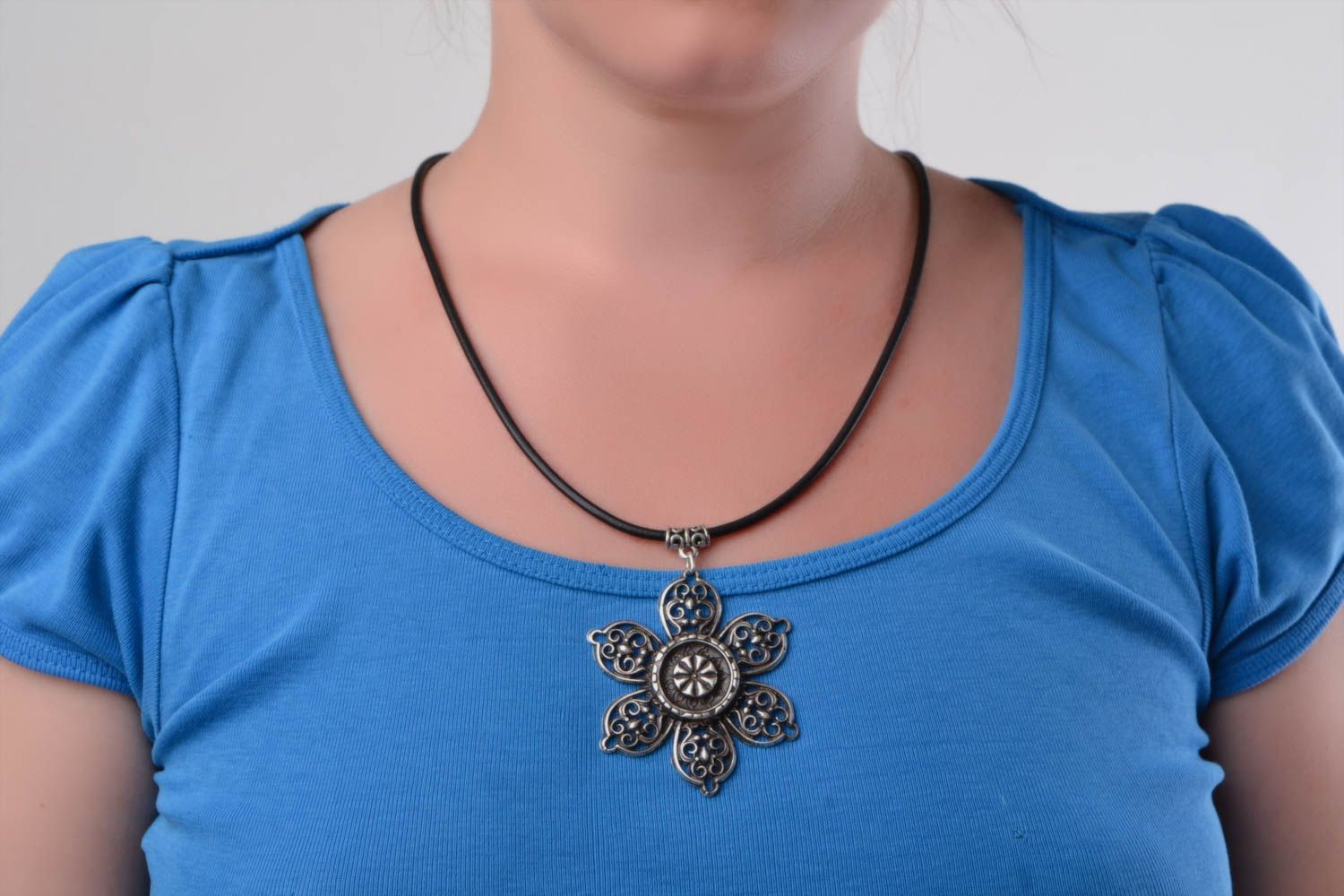 Handmade large lacy cast metal pendant necklace on black cord Flower for women photo 1