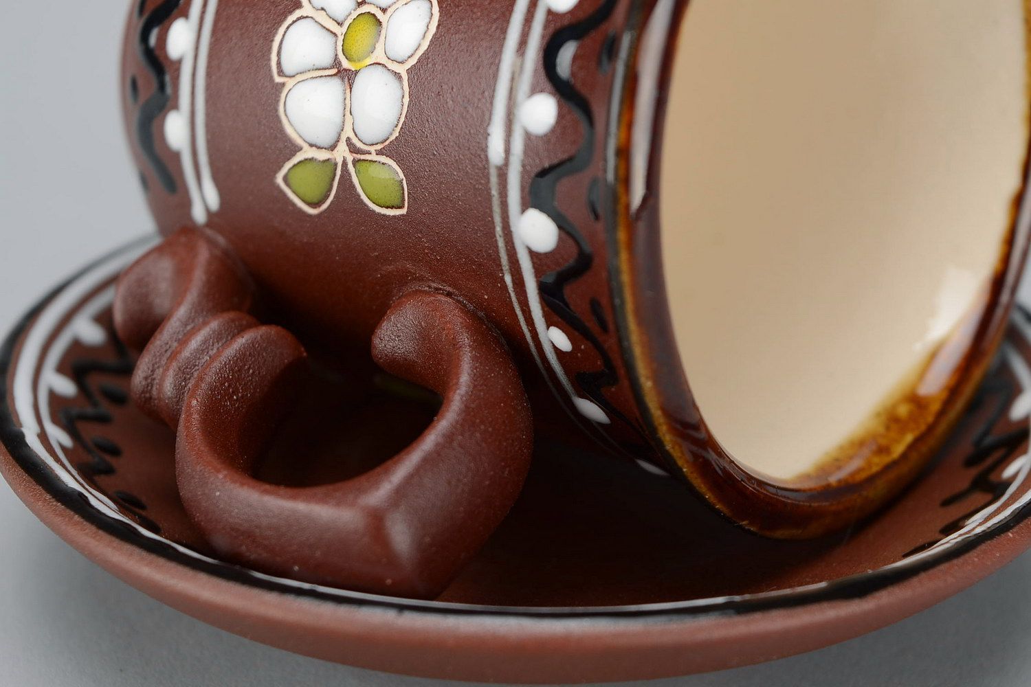 2 oz ceramic glazed decorative brown espresso cup with handle, saucer, and floral pattern photo 4