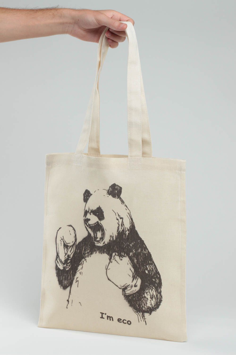 Handmade designer women's bag sewn of cotton fabric with painted boxing panda photo 5